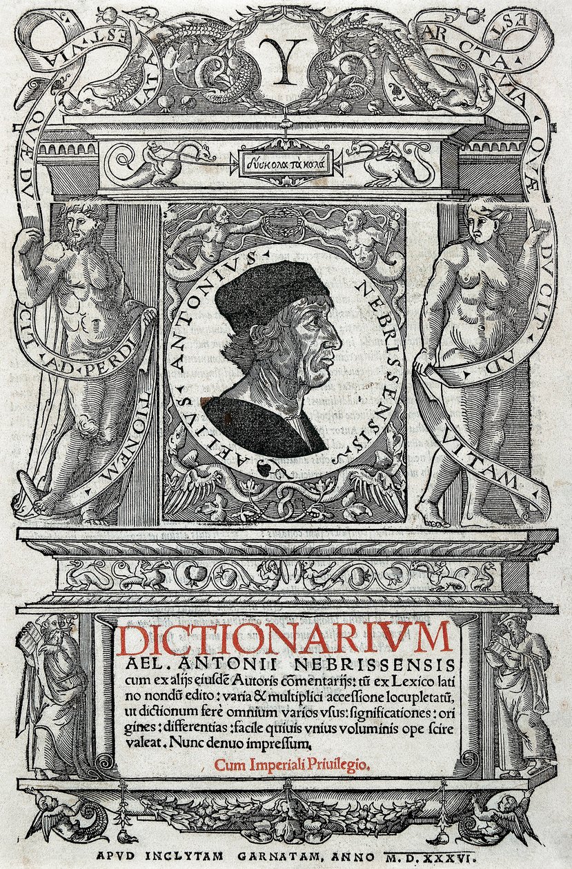 Retrato de Antonio Martínez de Cala, conocido como Antonio de Nebrija (1441-1522), humanista y gramático español. Guardapágina de su diccionario, publicado en 1536. Biblioteca Nacional de Madrid de Unknown artist