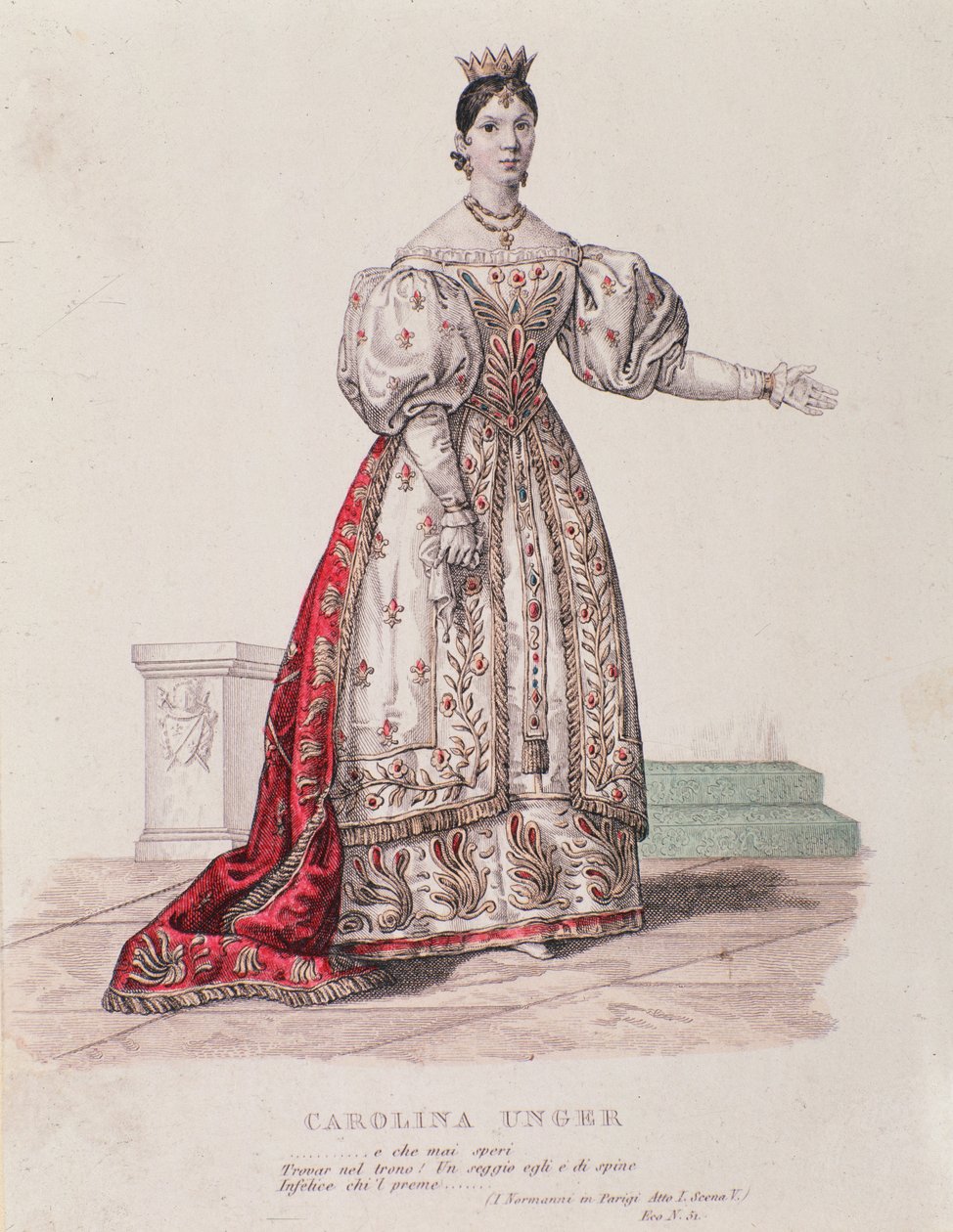 Retrato de Caroline Ungher (Unger) actuando en I Normanni a Parigi (grabado) de Unknown artist