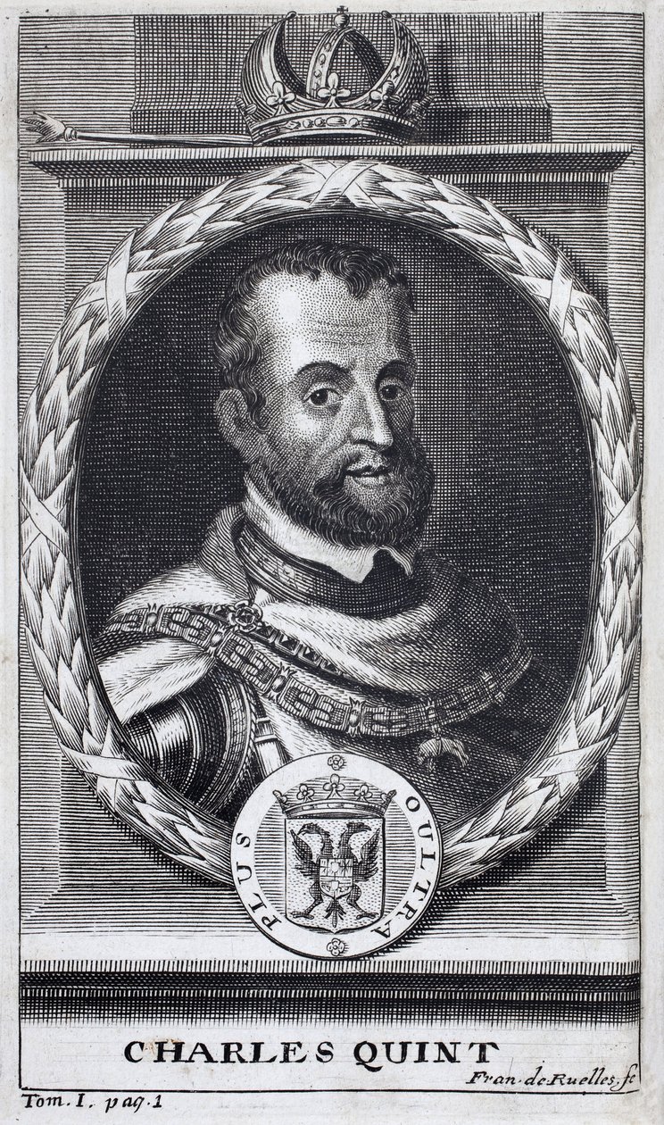 Retrato de Carlos V (1500-1558), Rey de España y América Española, Rey de Sicilia y Emperador del Sacro Imperio Romano Germánico (1519-1556). Grabado para ilustrar 