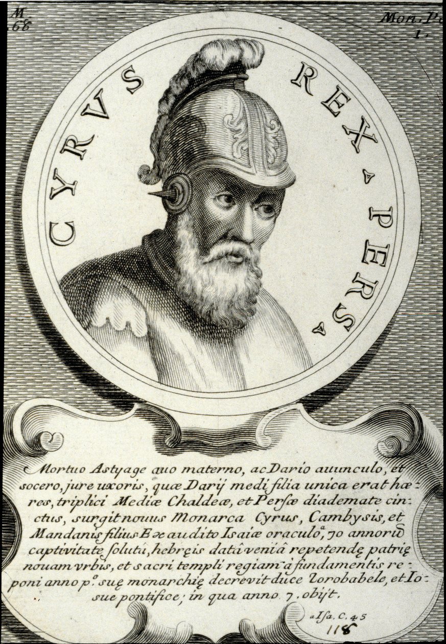 Retrato de Ciro II (ca. 559-529 a.C.) llamado Ciro el Grande, fundador del Imperio Persa. Grabado del siglo XVIII. Colección privada de Unknown artist