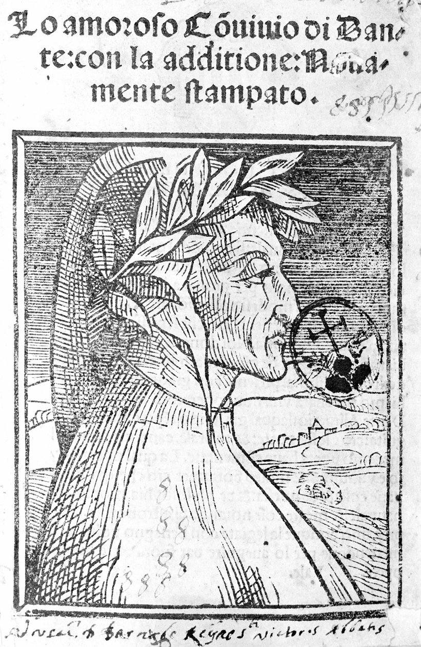Retrato de Dante Alighieri (1265 - 1321), poeta italiano. Frontispicio de 