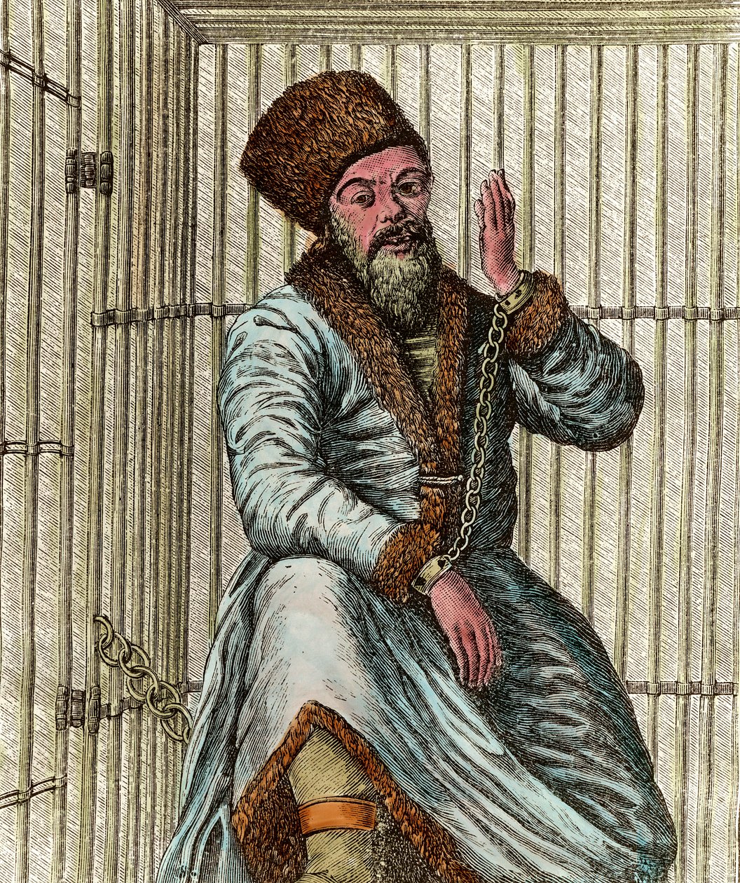 Retrato de Emelian Ivanovich Pugachev (1742-1775), líder cosaco durante la Guerra de los Campesinos Rusos de 1773-1775, encarcelado en su jaula y mostrado al pueblo de Unknown artist