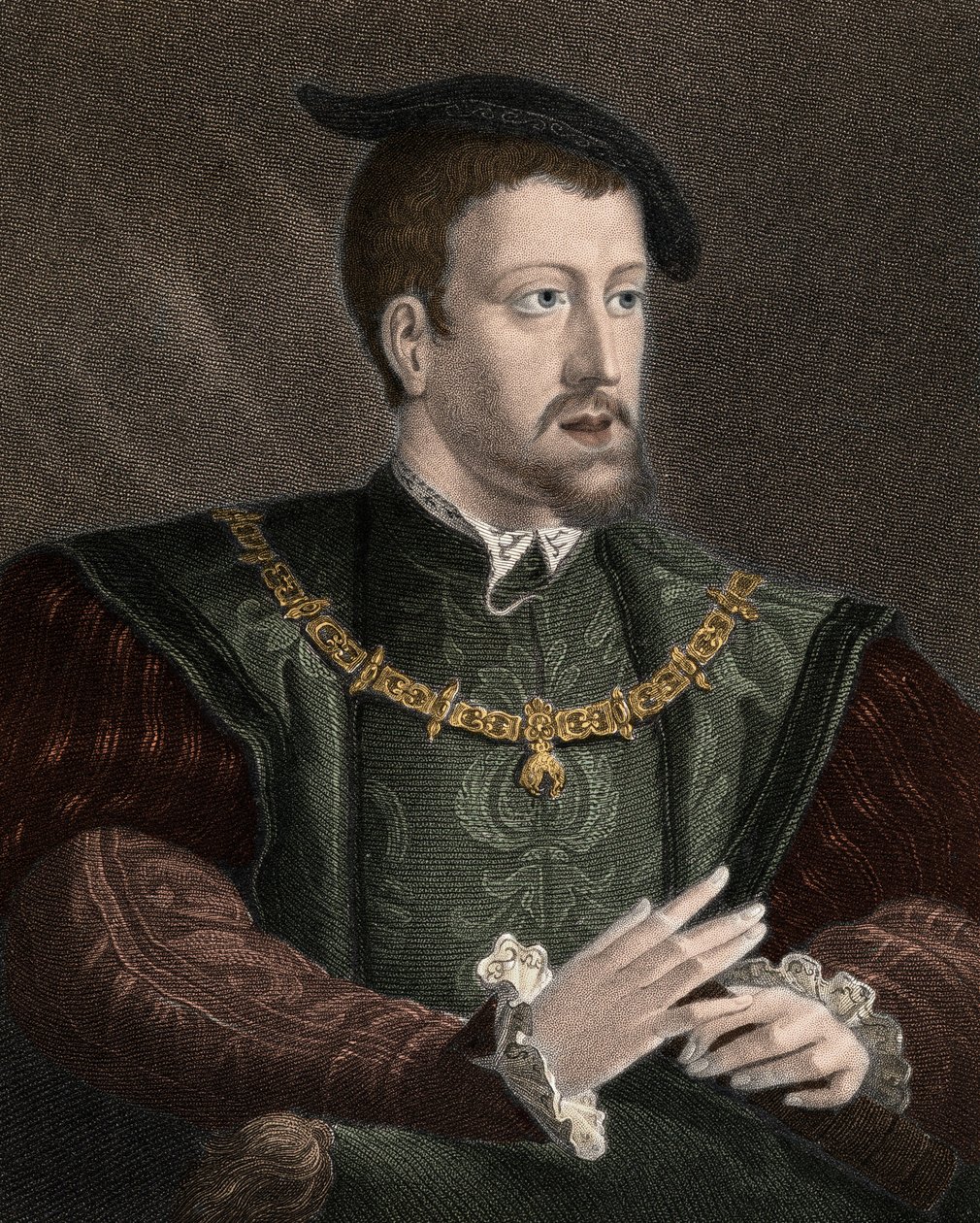 Retrato del Emperador Carlos V (1500-1558) con el collar de la Orden del Toisón de Oro - Carlos V (1500-1558) llevando la cadena de la Orden del Toisón de Oro alrededor de su cuello - grabado - siglo XIX de Unknown artist