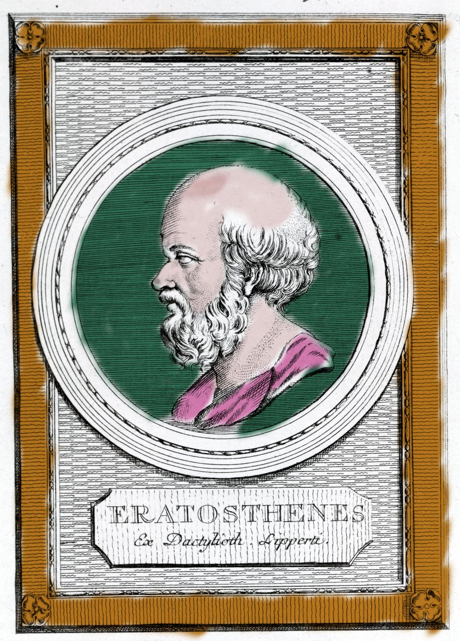 Retrato de Eratóstenes de Cirene (ca. 284 a.C. - 194 a.C.), científico, geógrafo y poeta griego. Fue director de la biblioteca de Alejandría y calculó la medida del meridiano terrestre. Retrato posterior: “Galleria degli antichi greci e romani” de Unknown artist