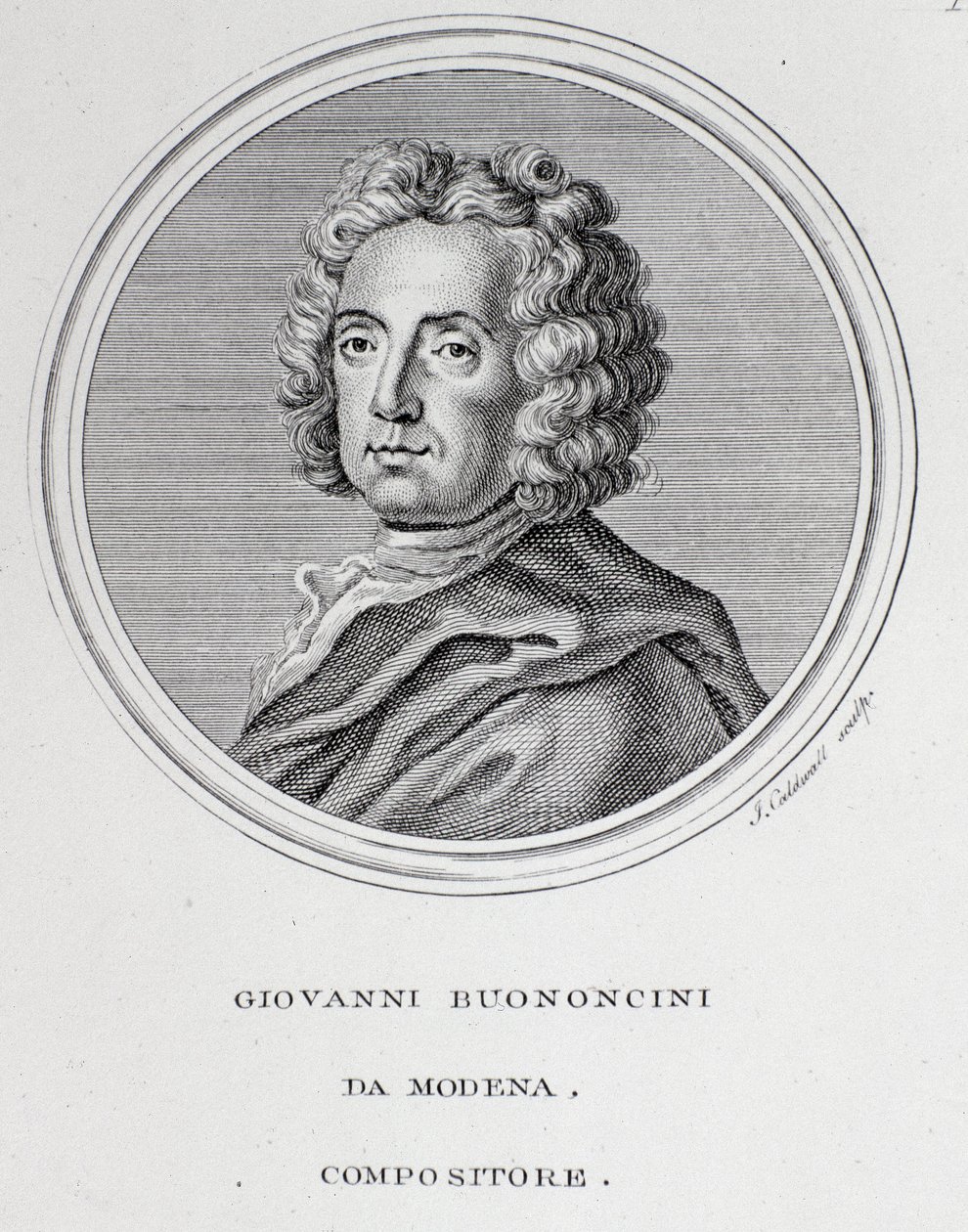 Retrato del compositor barroco italiano y violonchelista Giovanni Battista Bononcini (1670-1747). Grabado. Siglo XVIII. Bolonia, Civico museo bibliografico de Unknown artist