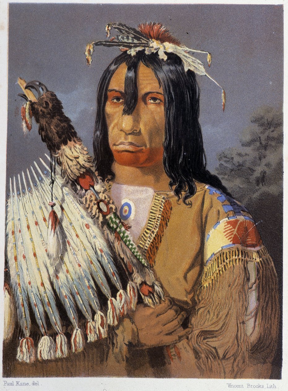 Retrato de Kee-Ake-Saa-Ka-Wow con el calumet - en "Wandering of an Artist Among the Indians of North America" de Paul Kane, Longmans & Roberts, Londres de Unknown artist