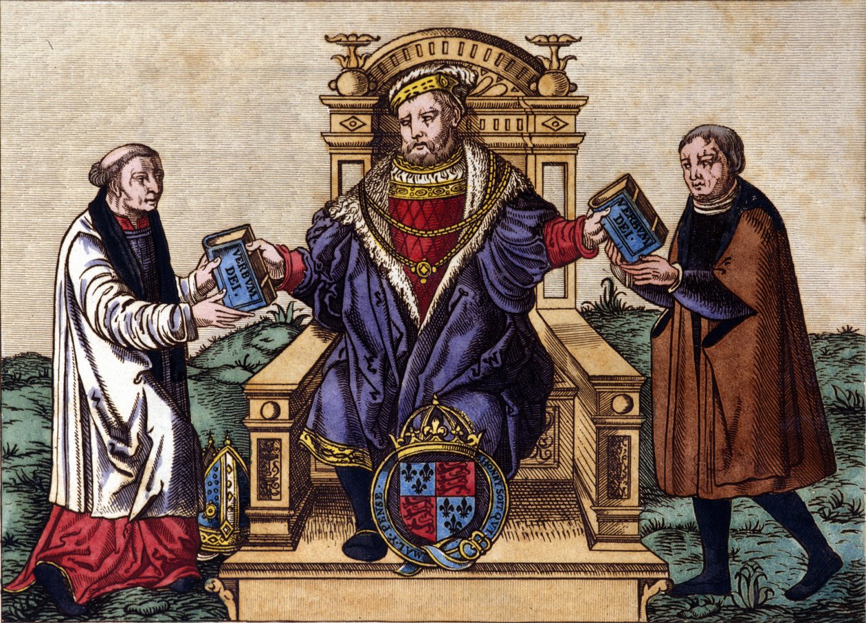 Retrato del rey Enrique VIII de Inglaterra (1491 - 1547) en su trono, emitiendo la Biblia a dos cortesanos. Grabado coloreado. de Unknown artist