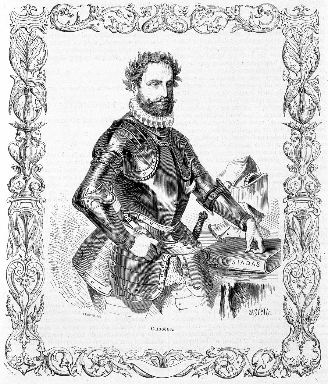 Retrato de Luis de Camoens en armadura - grabado de Unknown artist