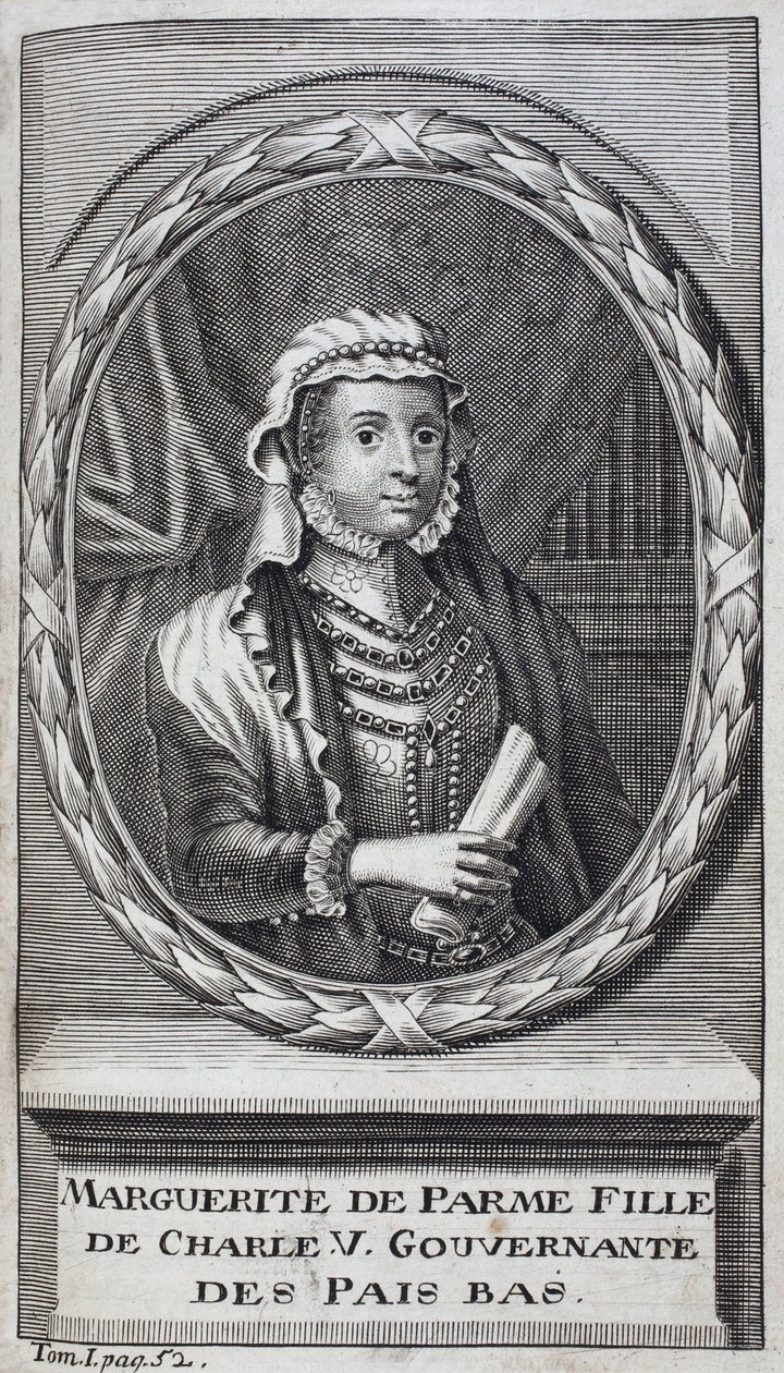 Retrato de Margarita de Parma (o Margarita de Austria) (1522-1586), Duquesa de Parma y Piacenza, hija natural de Carlos V (1500-1558) y gobernadora de los Países Bajos (Países Bajos) de 1559-1581. Grabado para ilustrar 