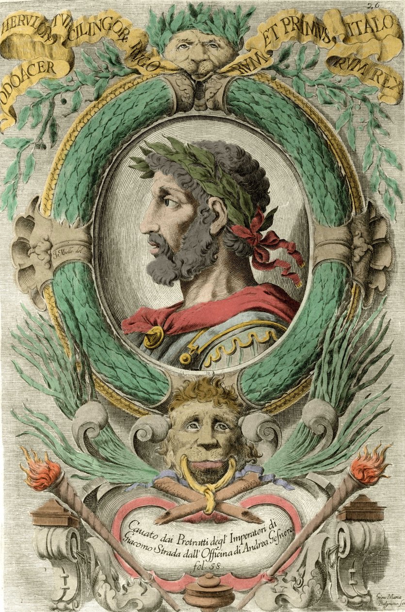 Retrato de Odoacro (Odovacar), líder de los hérulos aliados de los hunos y ministro de Atila (435-493). Grabado del siglo XVIII de Unknown artist