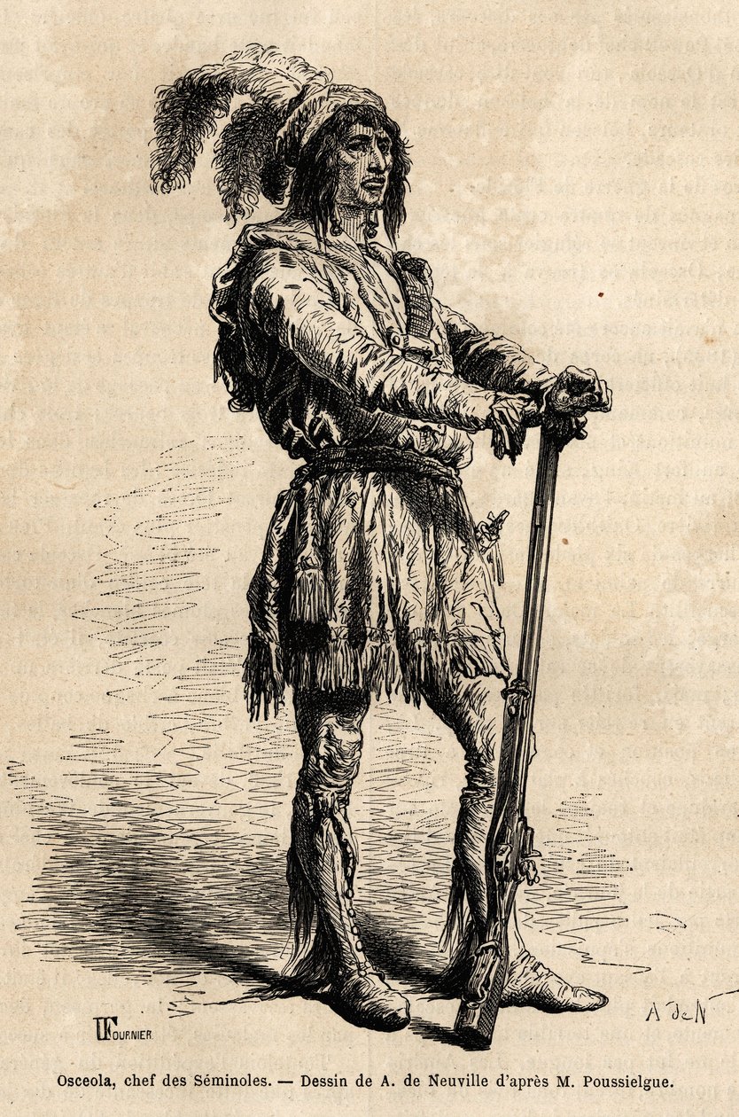 Retrato de Osceola (1804-1838), líder de los seminolas, a la cabeza de la resistencia india contra los Estados Unidos durante la Guerra de Florida (1835-1842). Grabado para ilustrar la historia cuatro meses en Florida, por Achille Pousselgue en 1851-1852 de Unknown artist