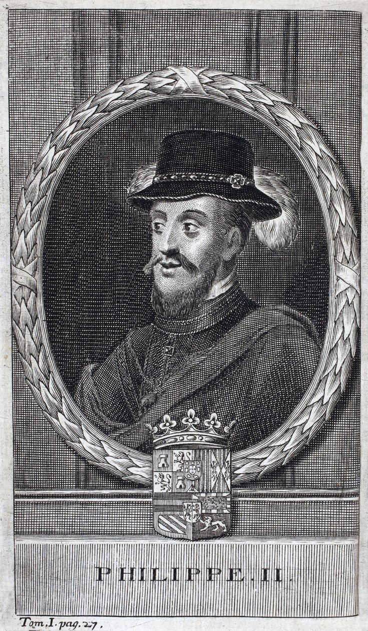 Retrato de Felipe II de España (1527-1598), Rey de España y Portugal. Grabado para ilustrar “Historia de la Guerra de Flandes” de Flamianus Strada de Unknown artist