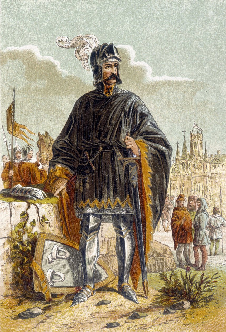 Retrato de Philip van Artevelde (1340-1382), político flamenco y líder de la revuelta de los tejedores de Gante contra el Conde Luis II de Flandes conocido como Luis de Male o Maele (1381). Fue derrotado y asesinado en la Batalla de Rozebeke (1382). Cromo de Unknown artist