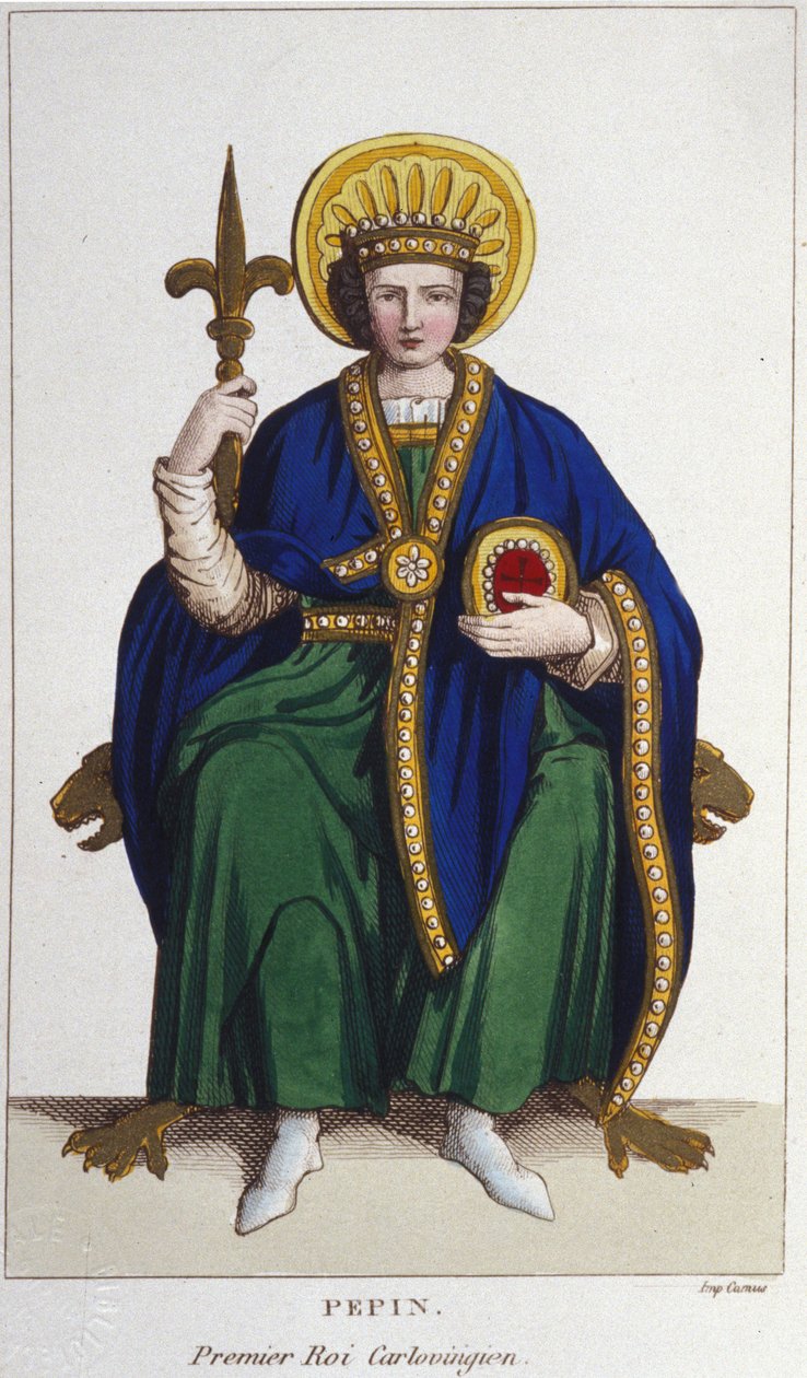 Retrato de Pipino el Breve (v. 714 - 768), Rey de los Francos, primer carolingio (grabado de 1830) de Unknown artist