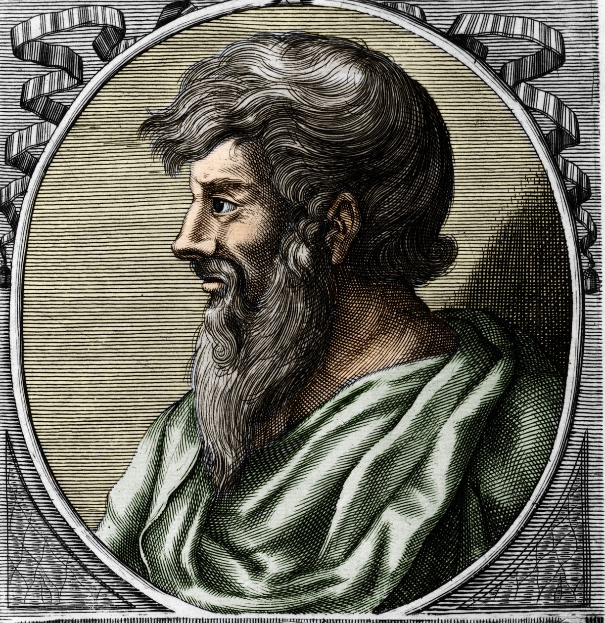 Retrato de Pitágoras (ca. 570 - alrededor de 480 a.C.), matemático y filósofo griego. Grabado del siglo XVIII de Unknown artist