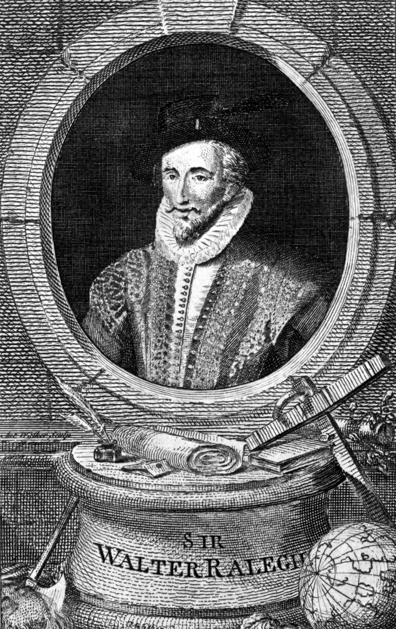 Retrato de Sir Walter Raleigh (1554 - 1618), cortesano, navegante y escritor inglés. Grabado del siglo XVIII de Unknown artist
