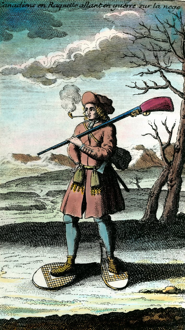 Retrato de un canadiense con raquetas de nieve en la nieve yendo a la guerra. Grabado del siglo XVIII. de Unknown artist