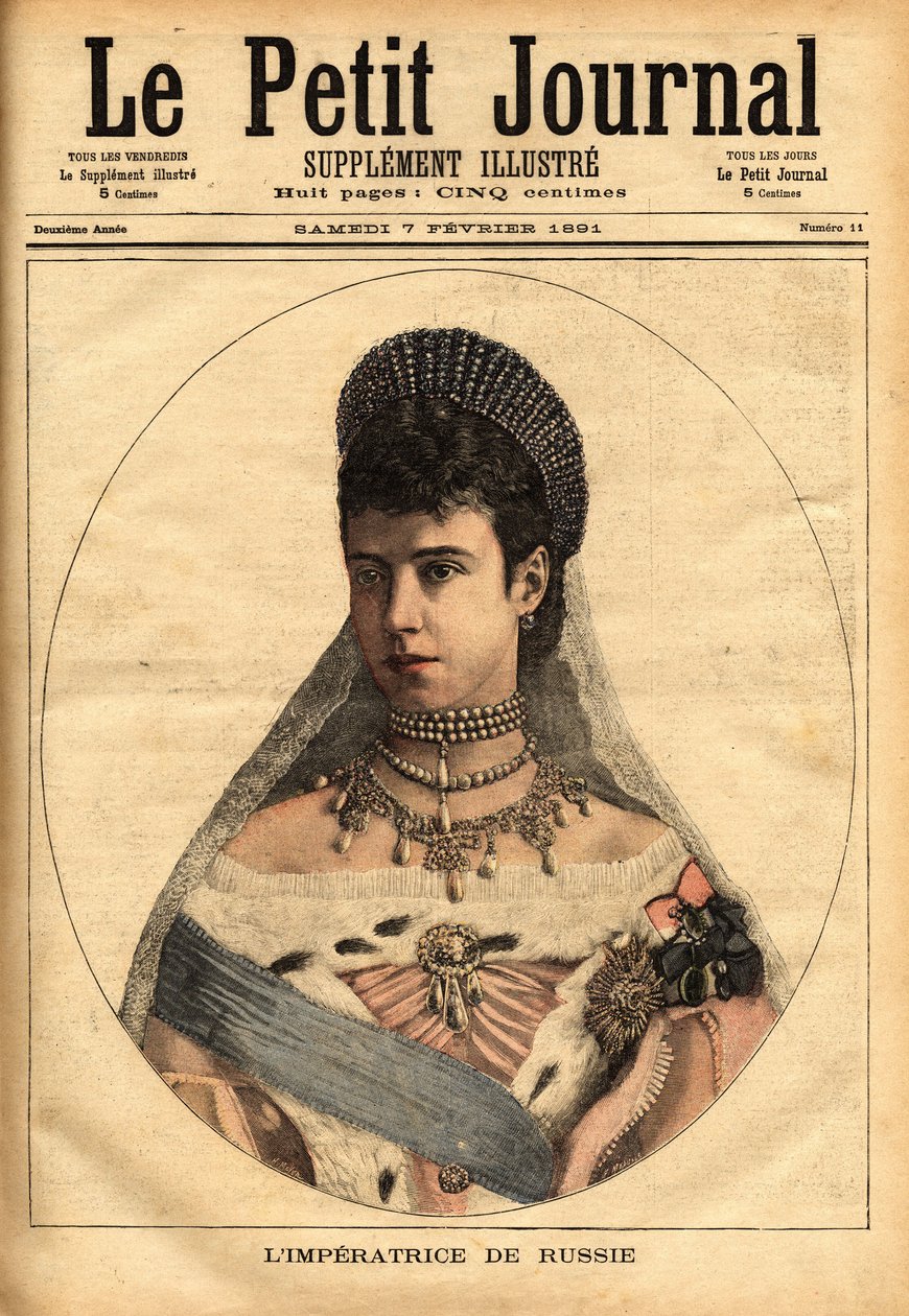 Retrato de la Princesa Danesa Mary Sophie Dagmar (1847-1928), quien se casó bajo el nombre de Mary Feodorovna (o Fiodorovna, o Fedorovna), en 1866, con Alexander Alexandrovich Romanov (1845-1894), o Alexander III emperador (zar) de Rusia. Grabado en “Le to de Unknown artist