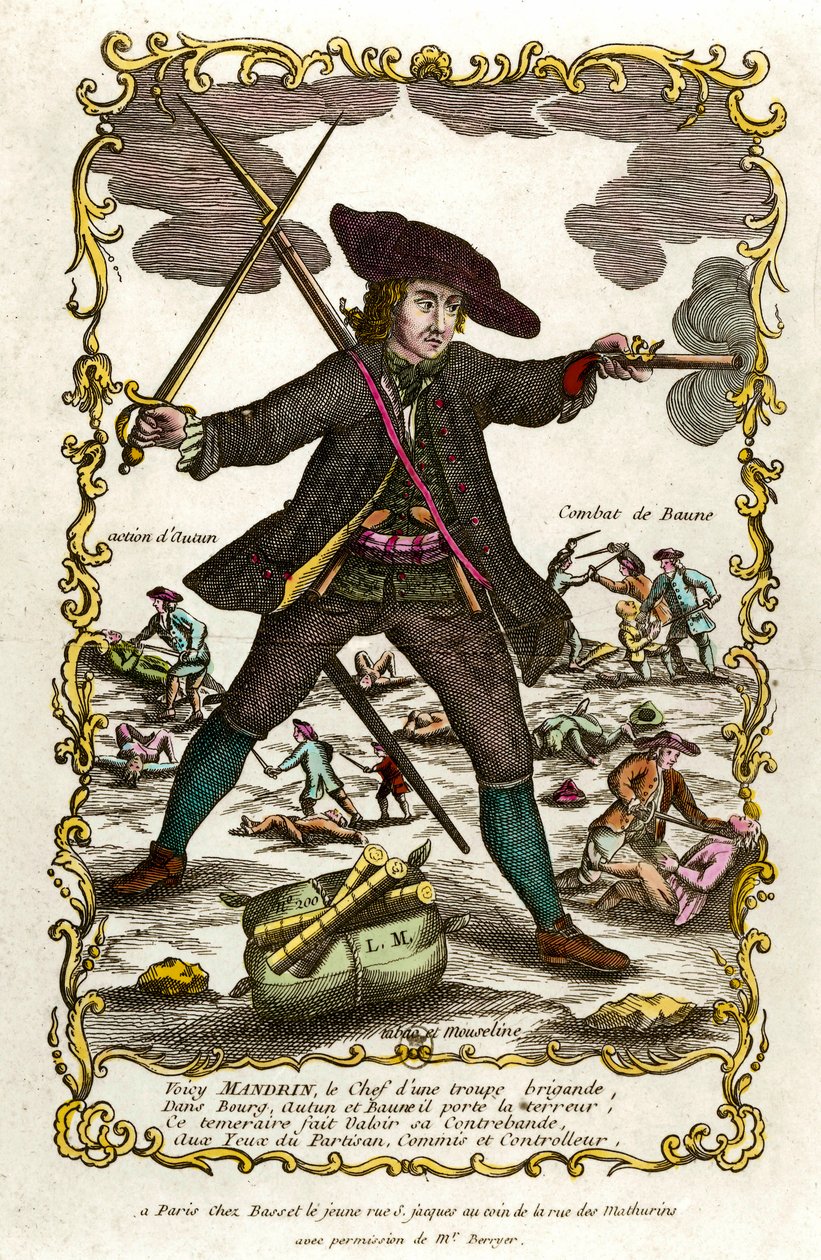 Retrato del bandido francés Louis Mandrin (ca. 1725-1755). Detrás de él, la acción de Autun y la lucha de Baune. Grabado del siglo XVIII. Colección privada de Unknown artist