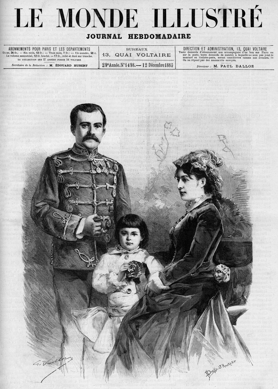 Retrato del Rey de Serbia Milan I (Milan Obrenovich) (1854-1901), rodeado por la Reina Nathalie y su heredero al trono, el Príncipe Alexander, en “Le Monde Illustré 1885” de Unknown artist
