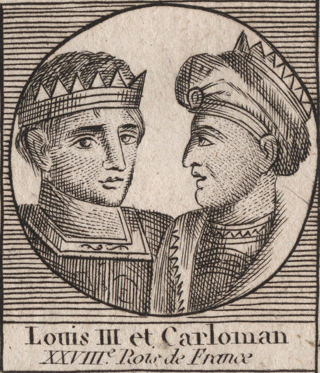 Retratos de Luis III (863/65-882) Rey de los Francos entre 879 y 882 y Carlomán II (866-884), Rey de los Francos de 879 a 884 - grabado de “Instruction sur l