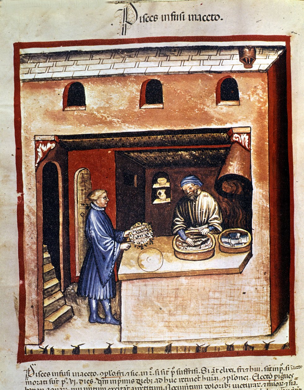 Preparación de pescado marino en vinagre. Iluminación de la leche de medicina y dietética "Tacuinum sanitatis" de Unknown artist