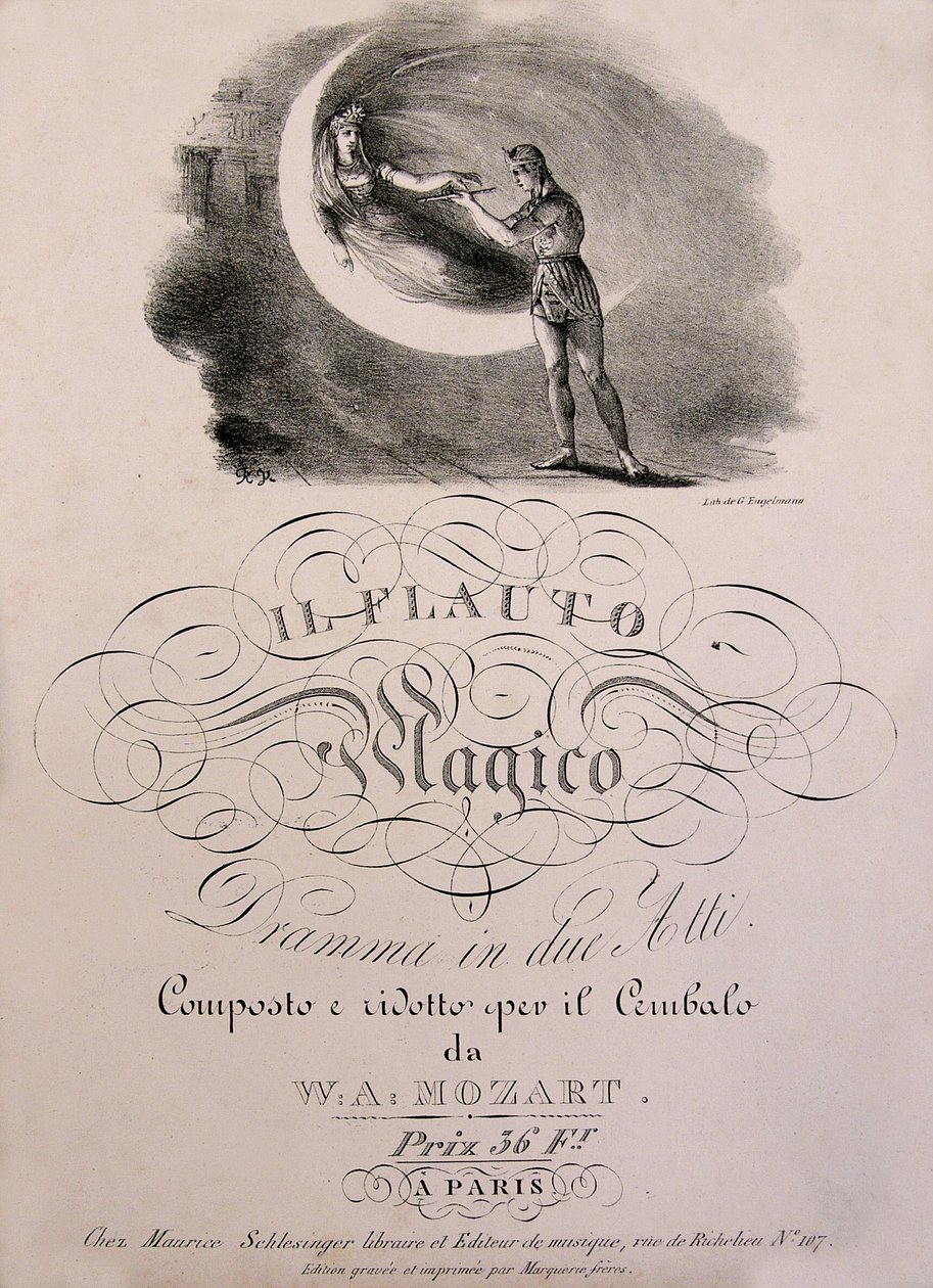 El príncipe Tamino recibe la flauta encantada de la Reina de la Noche, ilustración de la portada del libro de partituras de “La flauta encantada” (Die Zauberflöte) (1791) de W.A. Mozart (1756-1792). Colección Leonard de Selva. de Unknown artist