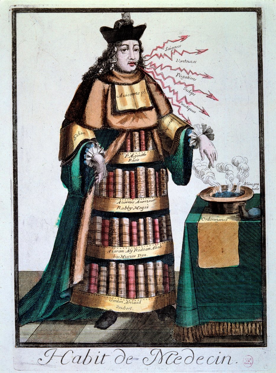 Profesión: el vestido del doctor. Un hombre con los libros de Galieno, Avicena designando un recipiente con un líquido, una receta y citando tratamientos. Grabado del siglo XVIII París, Museo Carnavalet de Unknown artist