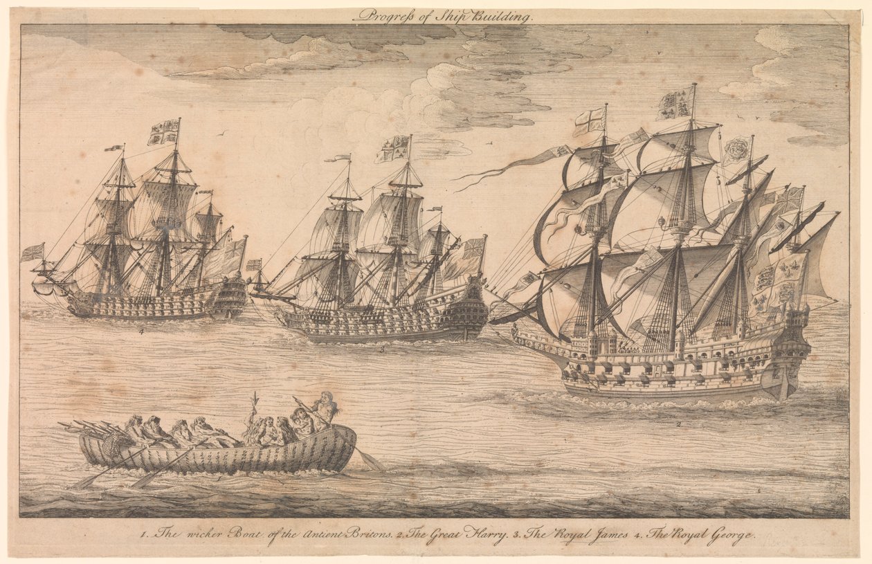 Progreso de la construcción naval. 1. El barco de mimbre de los antiguos británicos 2. El Gran Harry 3. El Royal James 4. El Jorge Real de Unknown artist
