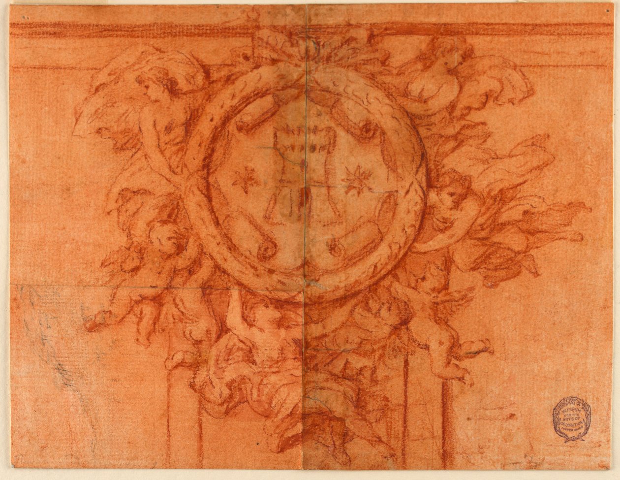 Proyecto para una decoración de pared (figuras femeninas y putti sostienen un medallón circular con escudo de armas) de Unknown artist