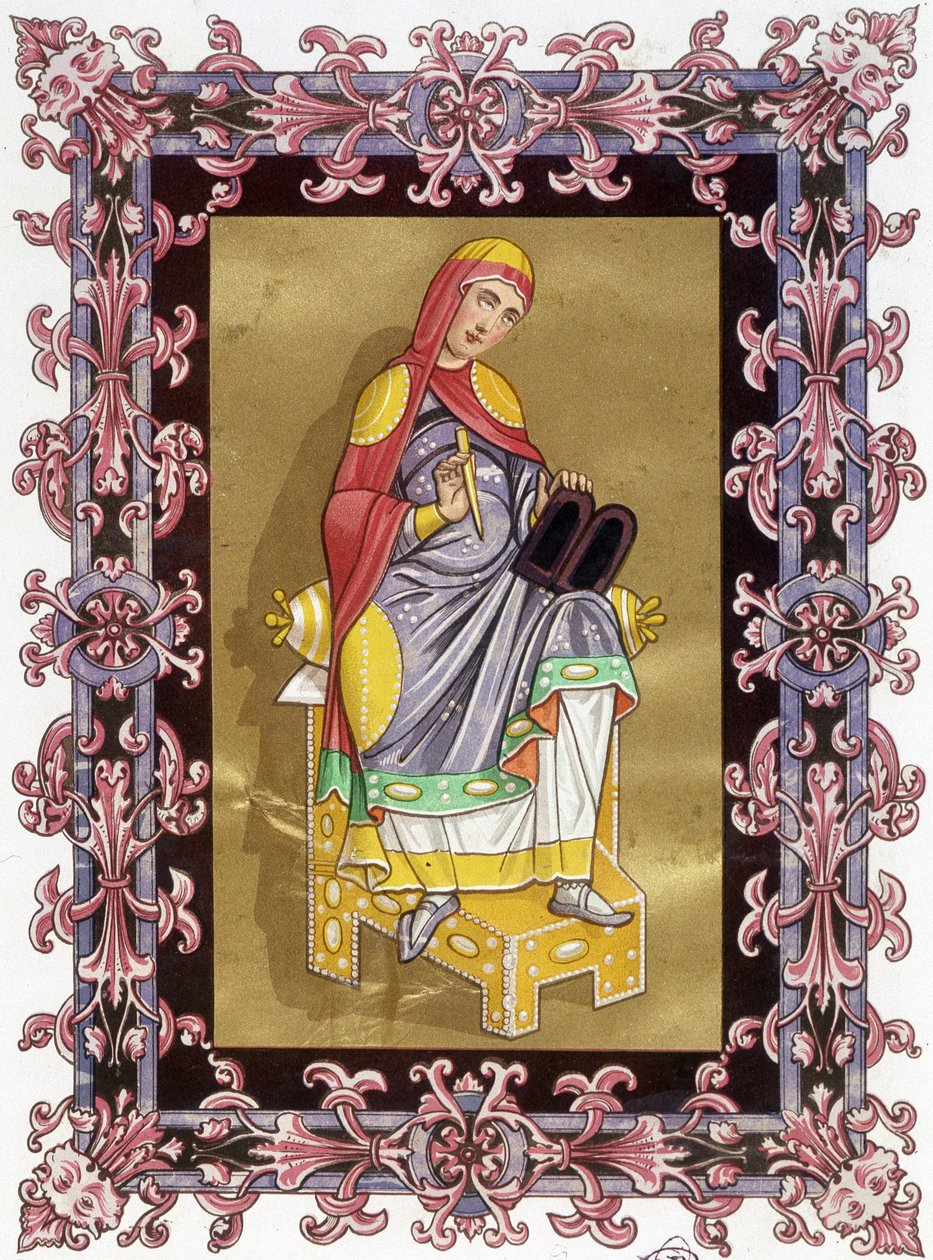 Radegunda (ca. 520 - 587), reina de Francia, esposa de Clotario I. Cromolitografía del siglo XIX basada en una iluminación de Unknown artist