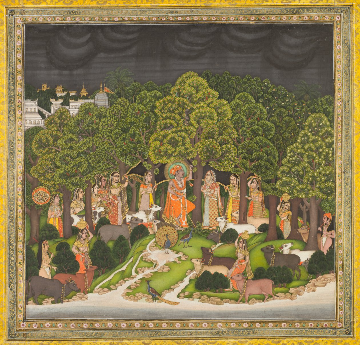 Radha y Krishna se encuentran en el bosque durante una tormenta. de Unknown artist