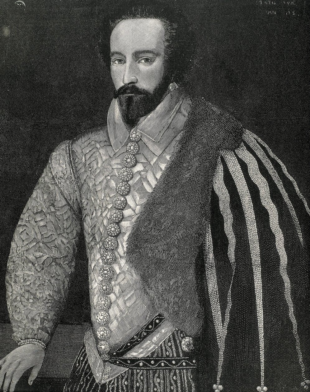 Raleigh, Sir Walter (1554-1618). Navegante, explorador y corredor de bolsa inglés. Retrato de Sir Walter Raleigh. Grabado en 1891, realizado a partir de un original anónimo que se conserva en la National Portrait Gallery de Londres. Grabado. de Unknown artist