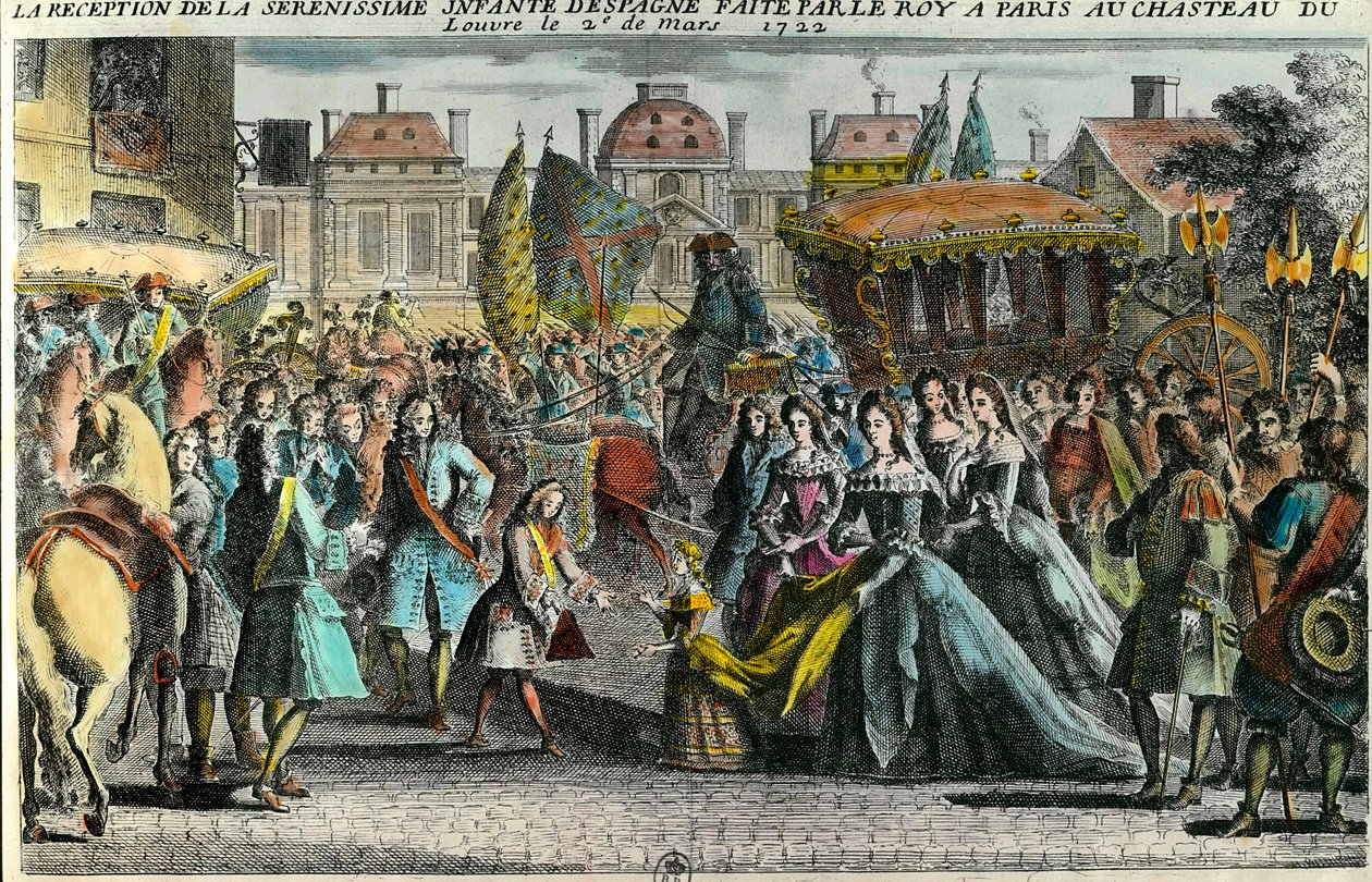 Recepción de la infanta de España María Ana Victoria (1718-1781) por el Rey Luis XV en París en el Louvre el 2 de marzo de 1722. Mariana Victoria de Borbón fue comprometida a los 3 años con Luis XV de 11 años. Grabado del siglo XVIII. Colección privada de Unknown artist