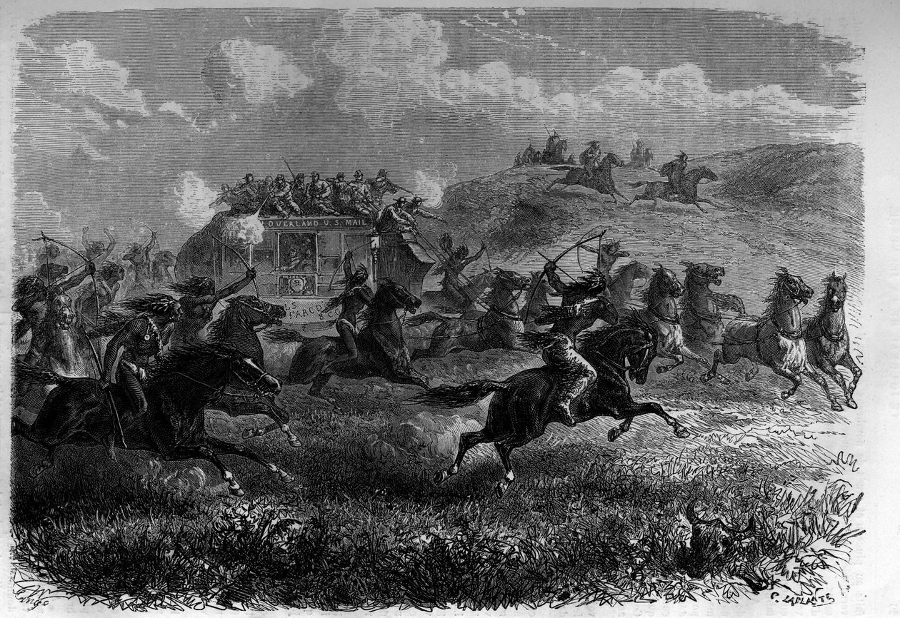 Jinetes pieles rojas atacando una diligencia en la pradera. Grabado en "Le journal de la jeunesse" de Unknown artist