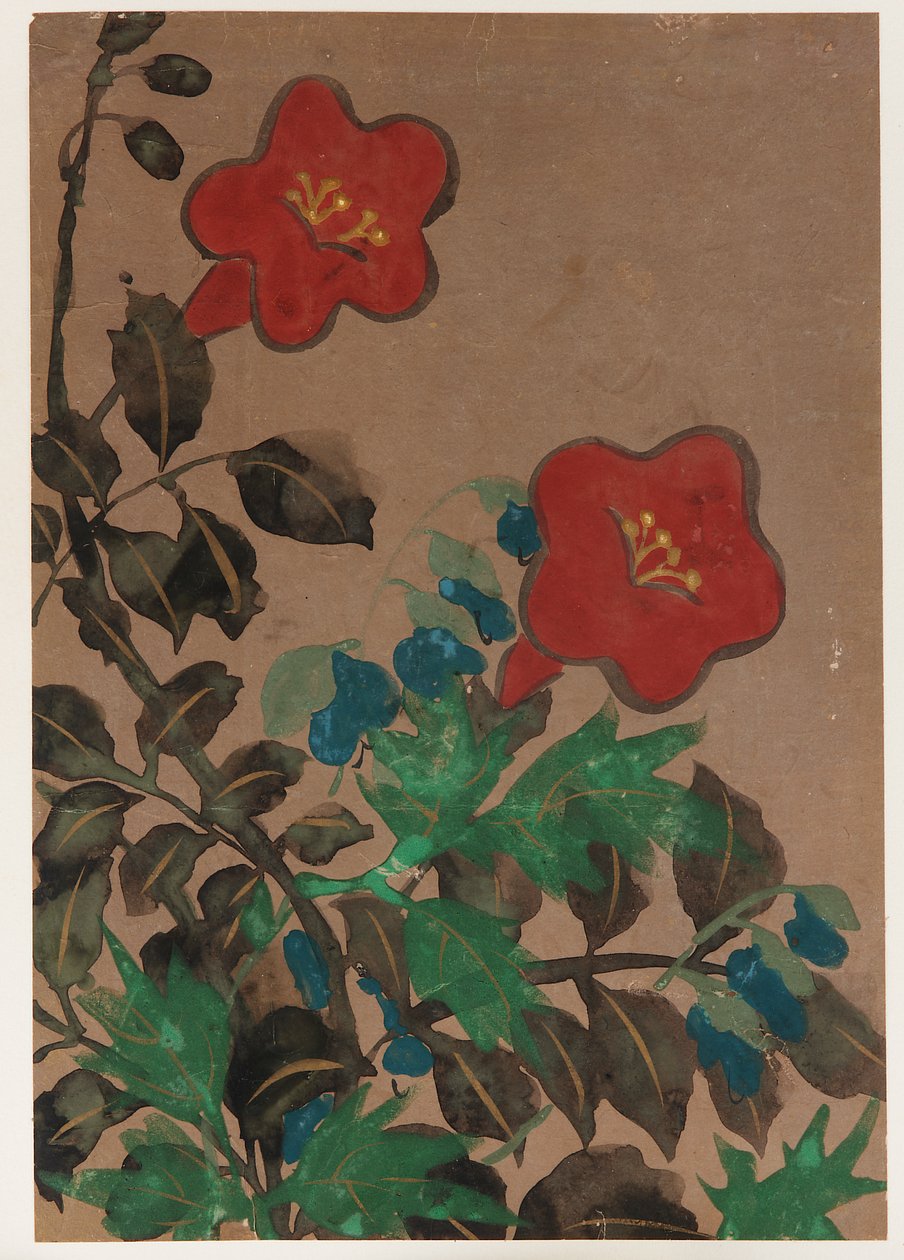 Flores rojas y azules y follaje de Unknown artist