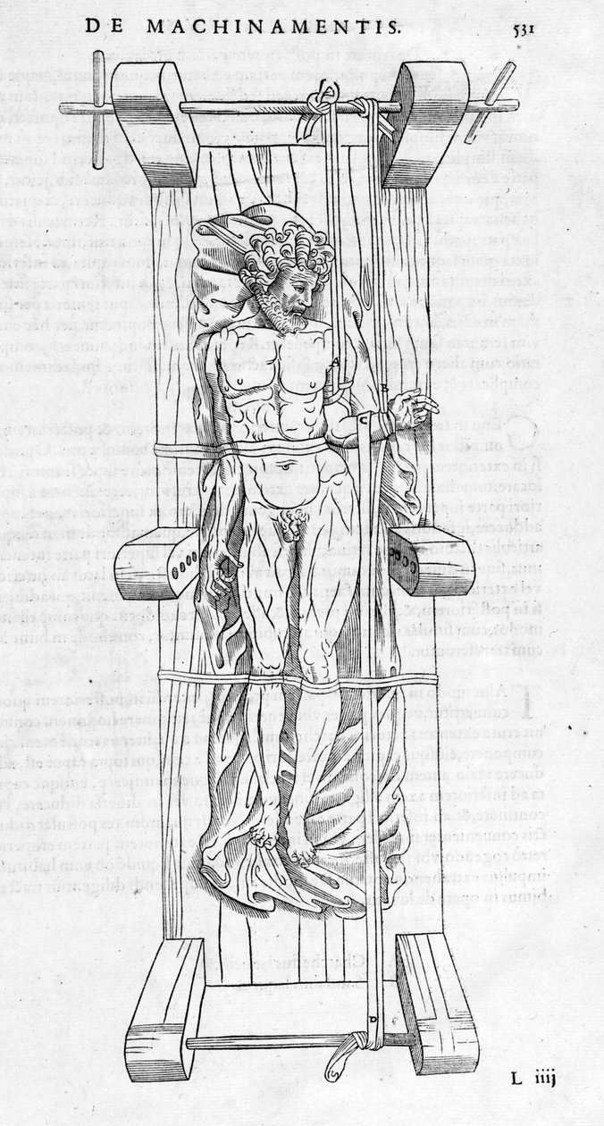 Reducción de fracturas: un hombre está fijado en una camilla, su brazo roto está estirado entre dos ejes. Placa ilustrada de "De dissectione partium corporis humani libri tres..." de Carlo Stefano Riverio, París 1545 de Unknown artist