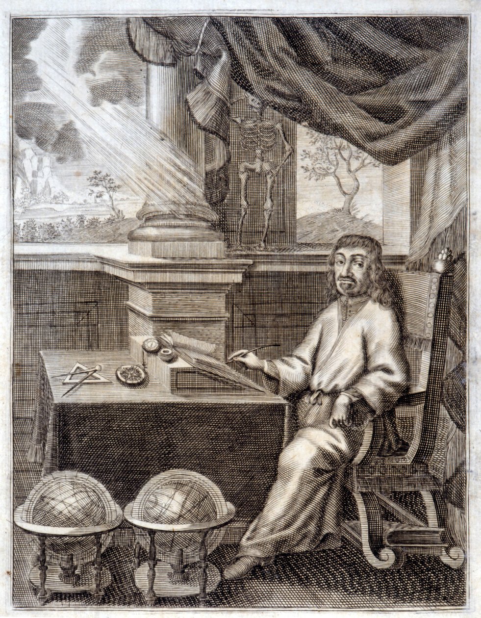 René Descartes (1596 - 1650) en su oficina con equipo científico. Grabado del siglo XVII. de Unknown artist