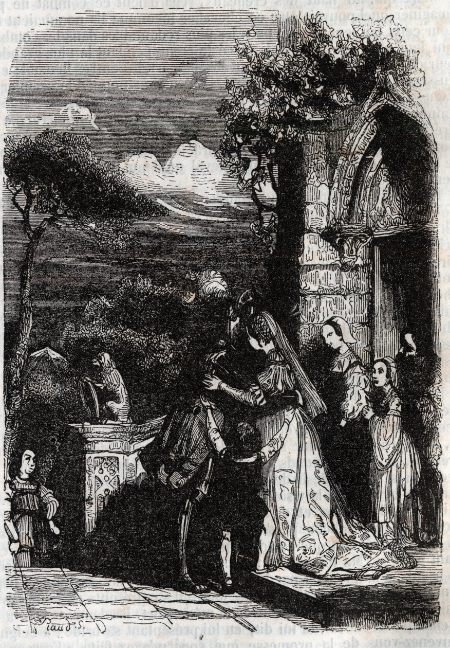 Renaud regresando a su familia - grabado de 1851 de “Roland Furioso” de Unknown artist