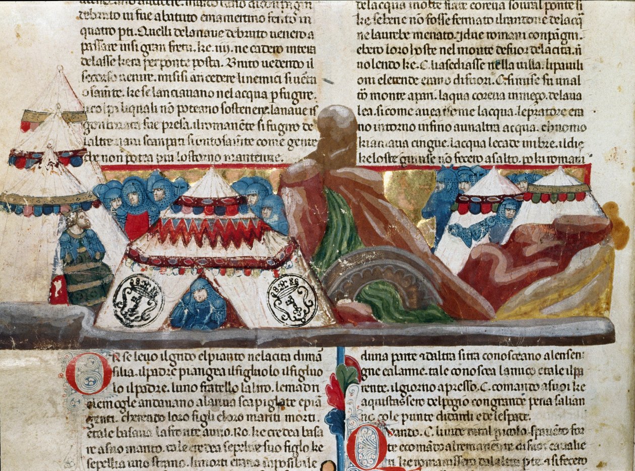 Representación de Julio César (101-44 a.C.) sentado cerca de su campamento militar. (detalle) de Unknown artist