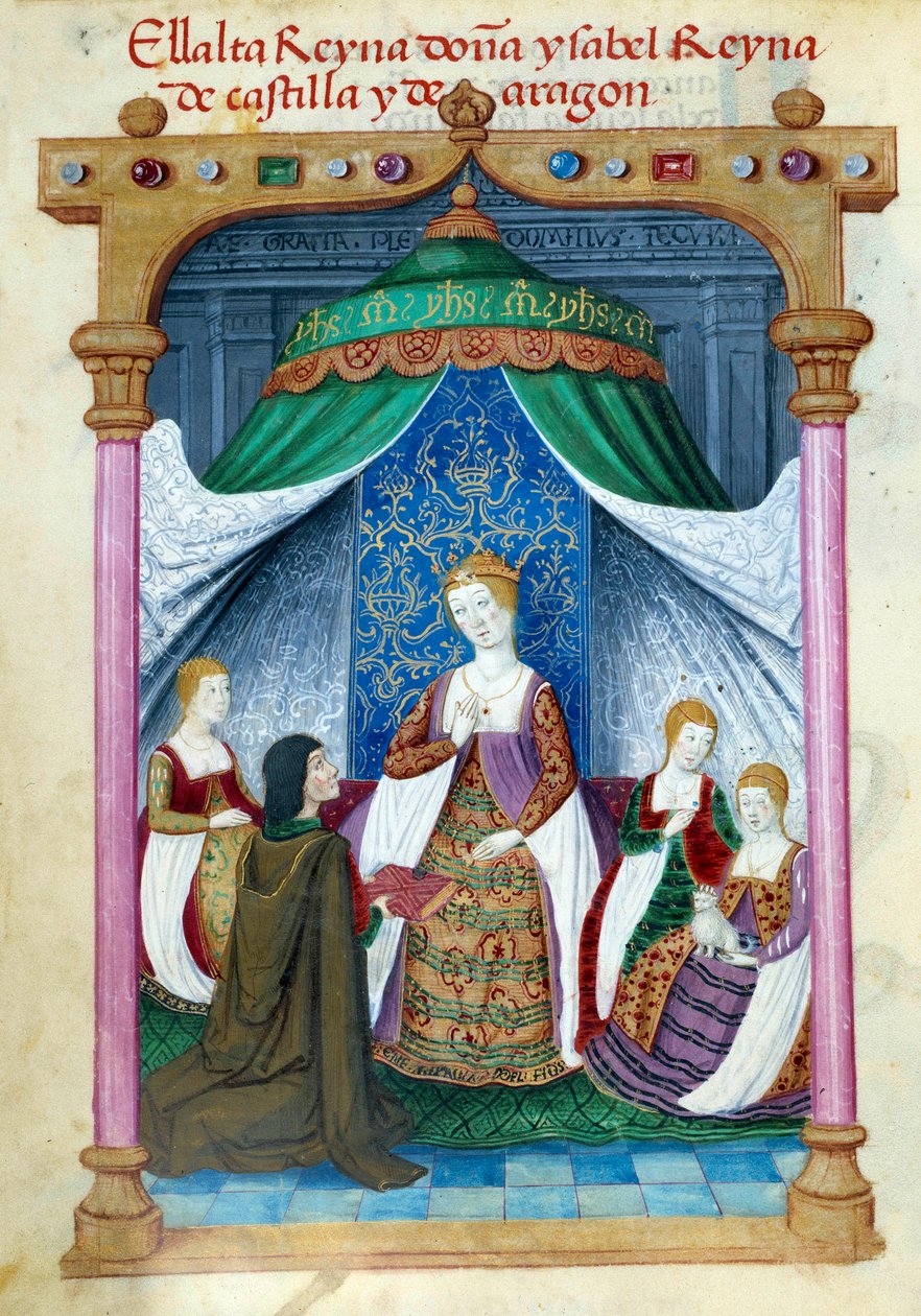 Representación de la reina Isabel de Portugal rodeada de sus compañeras y Pedro Marcuello que le ofrece su libro de Unknown artist