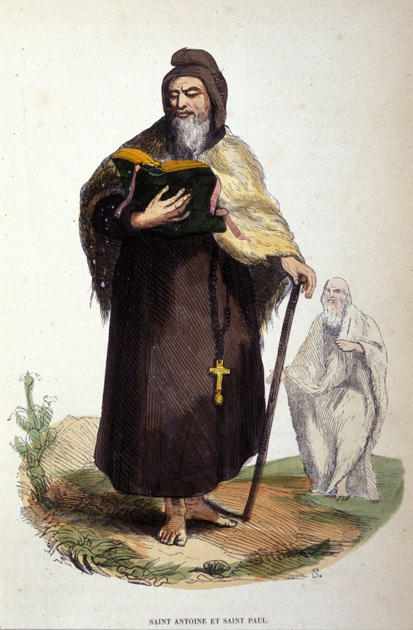 Representación de San Antonio el Grande, anacoreta egipcio (251-356), fundador del eremitismo cristiano y San Pablo de Tebas. Grabado del siglo XIX. de Unknown artist