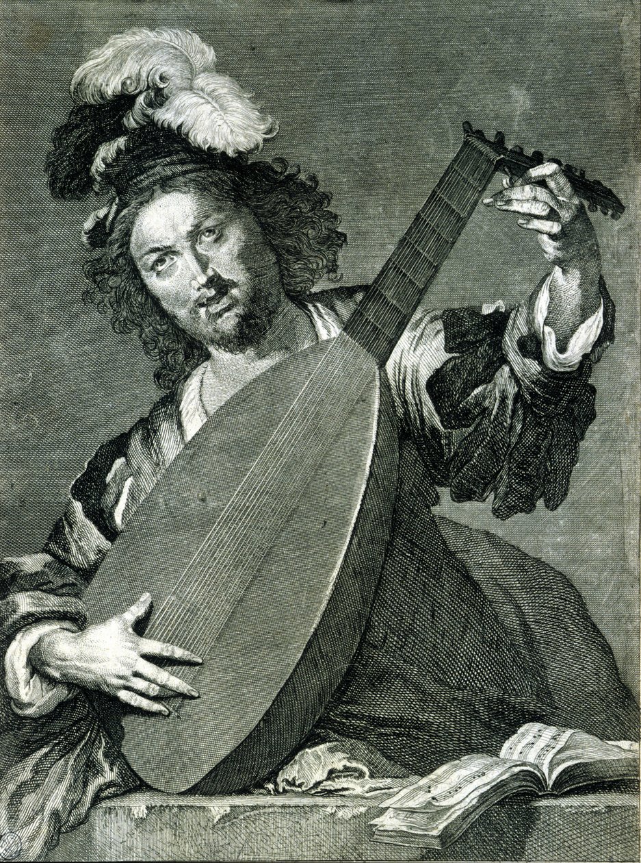 Representación de un laudista afinando su instrumento de Unknown artist