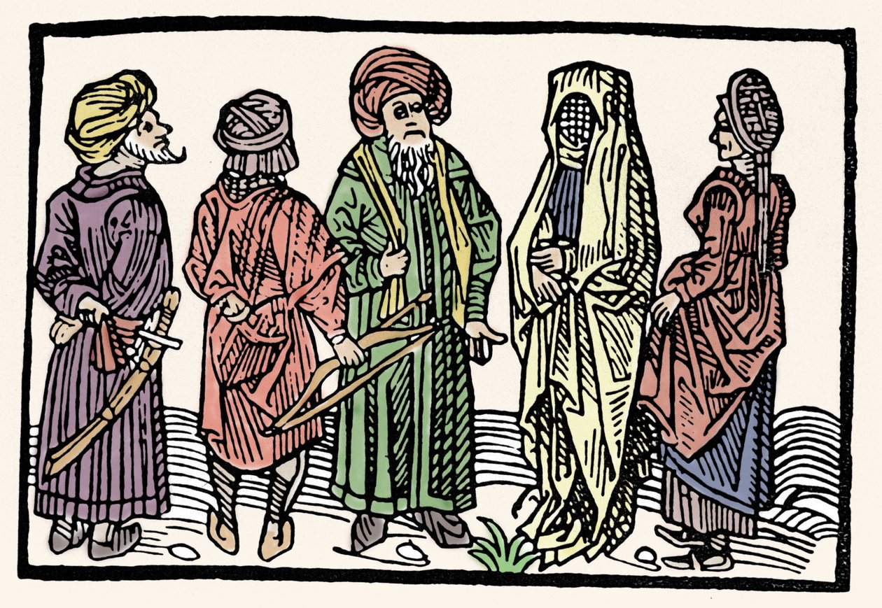 Representación del trigo sarraceno. Hombres con brazos con cabezas entrelazadas y mujeres veladas. Xilografía del siglo XV de Unknown artist