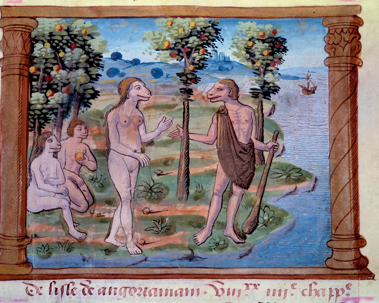Representación de criaturas monstruosas con cuerpo humano y cabeza de perro. Miniatura tomada de "Historia de los mongoles llamados por nosotros tártaros, descripción de costumbres, geografía, historia y figuras prominentes del pueblo mongol" de Unknown artist