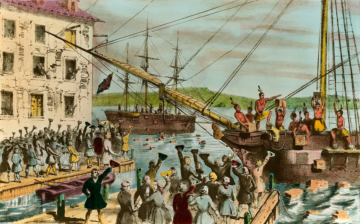 Representación del Boston Tea Party: durante la Guerra de Independencia de los Estados Unidos: revuelta de los colonos americanos (de origen británico) contra los impuestos impuestos por el Parlamento inglés sobre el té y otros alimentos. Se disfrazaron de de Unknown artist
