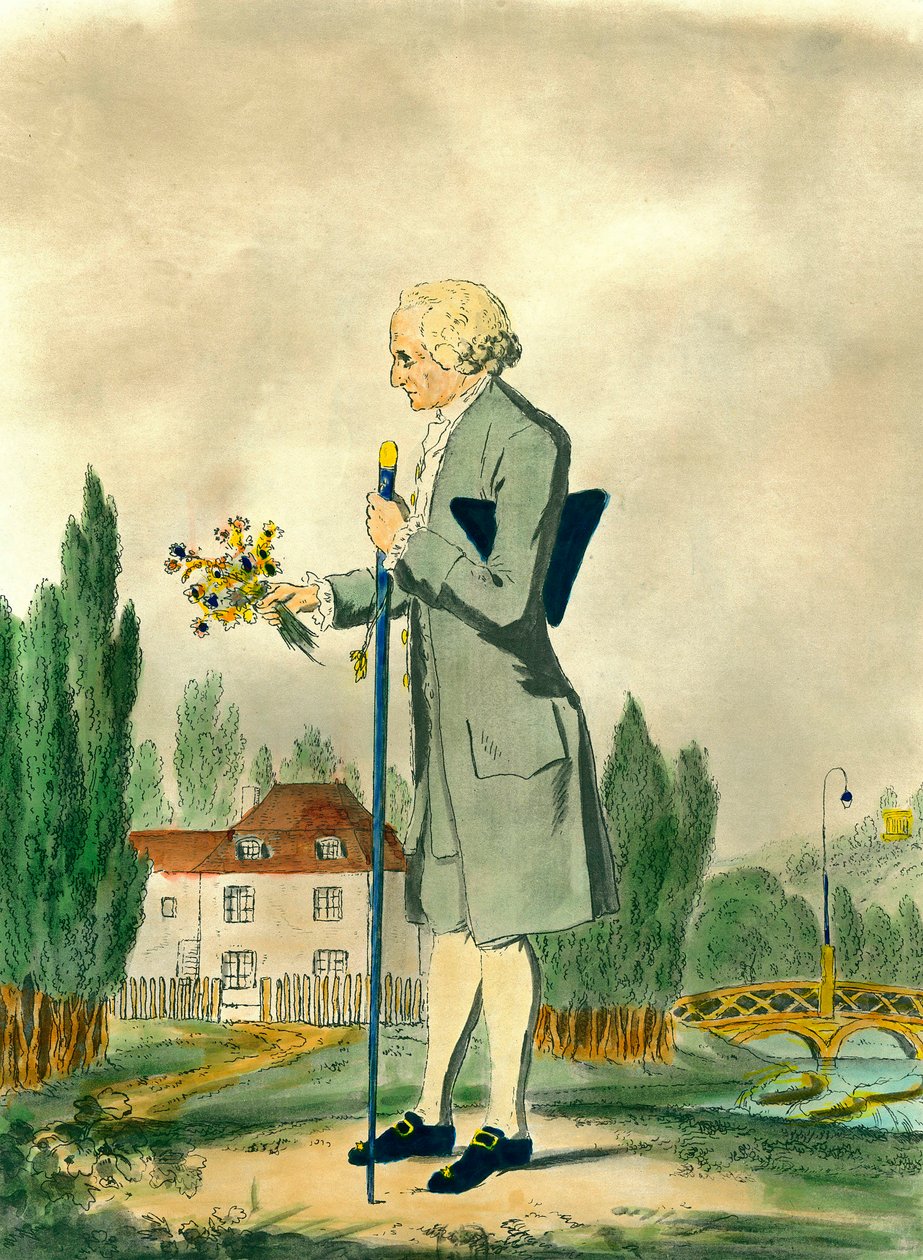 Representación del filósofo suizo Jean Jacques Rousseau (1712-1778) recogiendo flores en Ermenonville. Grabado del siglo XVIII. Colección privada de Unknown artist