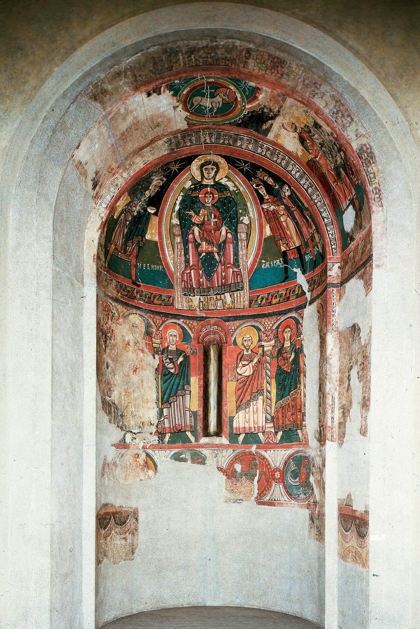 Representación de la Virgen y el Niño rodeados por los Reyes Magos. Fresco del ábside central de la iglesia de Santa María en Taüll. Alrededor de 1123. Barcelona. Museo Nacional de Arte de Cataluña de Unknown artist
