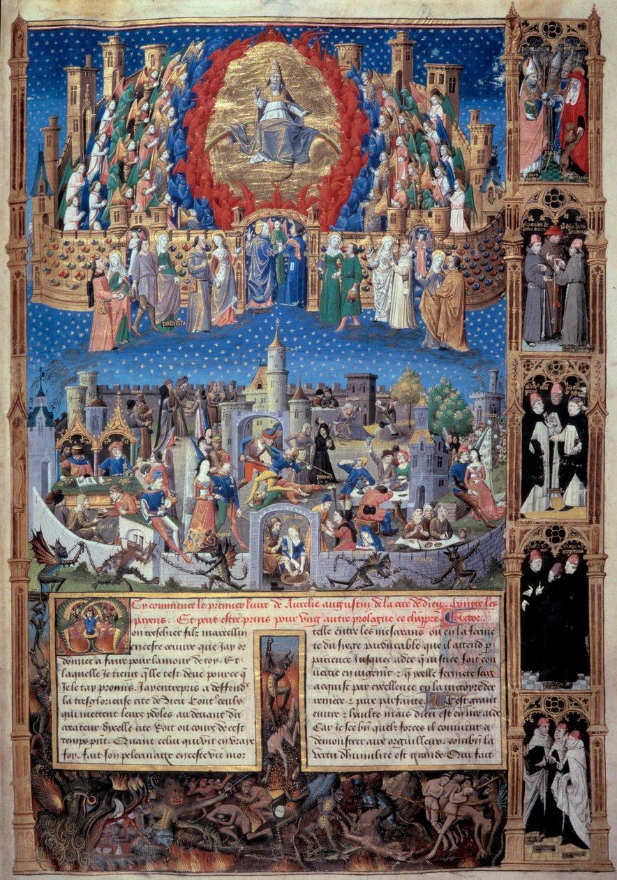 Representación de la ciudad de Dios (celestial) y la ciudad de los hombres (terrenal). Miniatura tomada de 