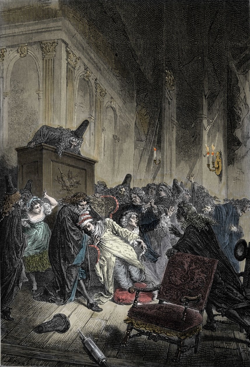Representación de la muerte de Jean-Baptiste Poquelin, dit Moliere (1622-1673), muerte por congestión pulmonar durante una representación de "El enfermo imaginario" el 17/02/1673 de Unknown artist